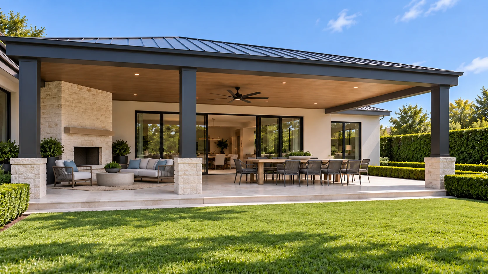 Covered patio design concept with charcoal framing and an unlit stone fireplace