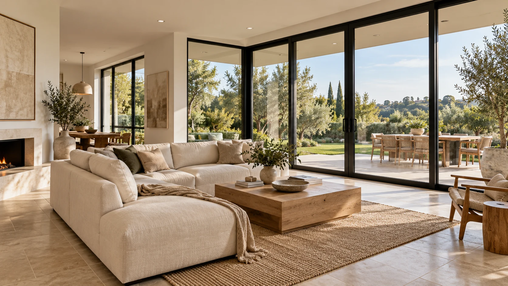 Design concept of a living room with large windows and garden views
