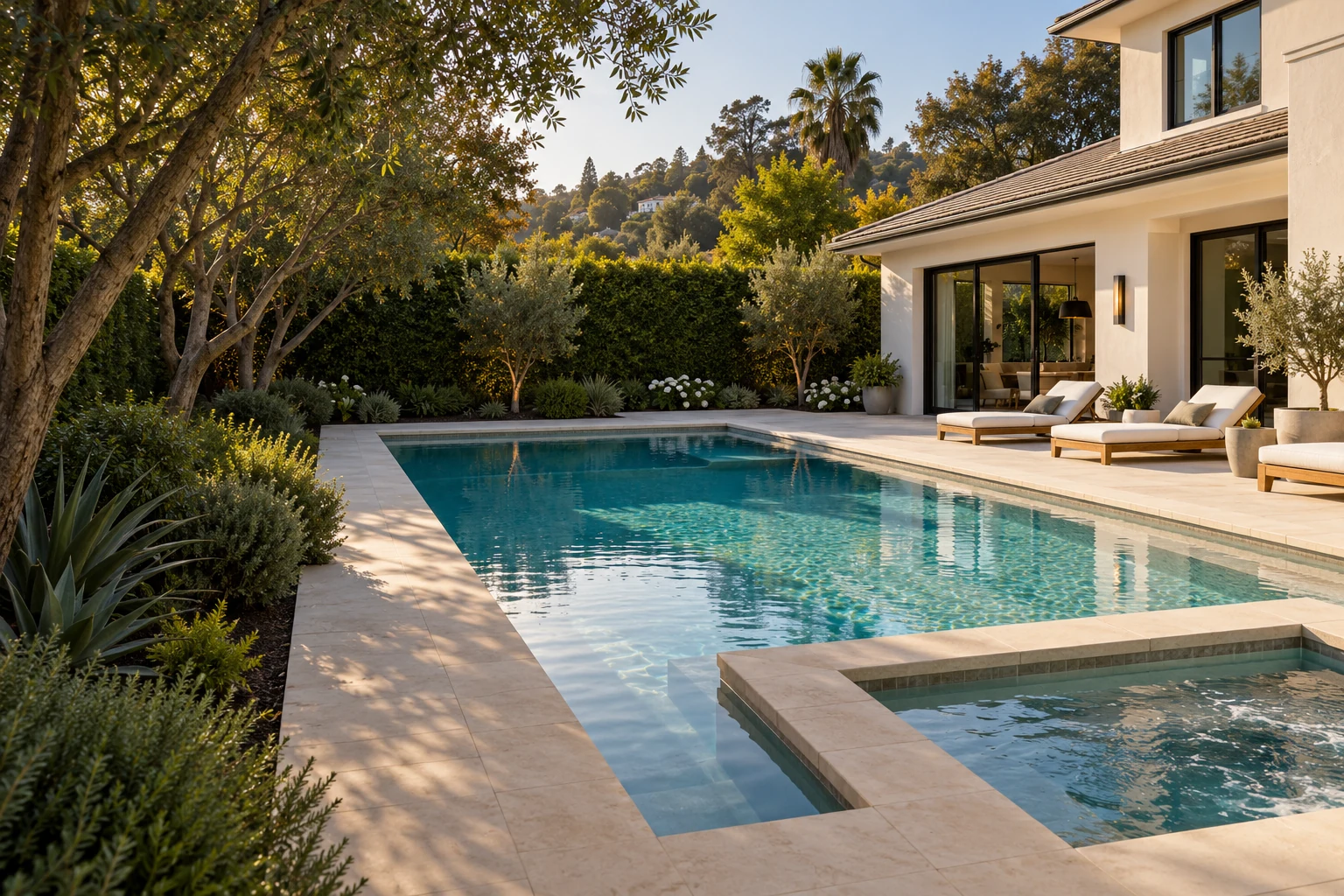 Pool and spa design inspiration with pale stone decking and a landscaped garden