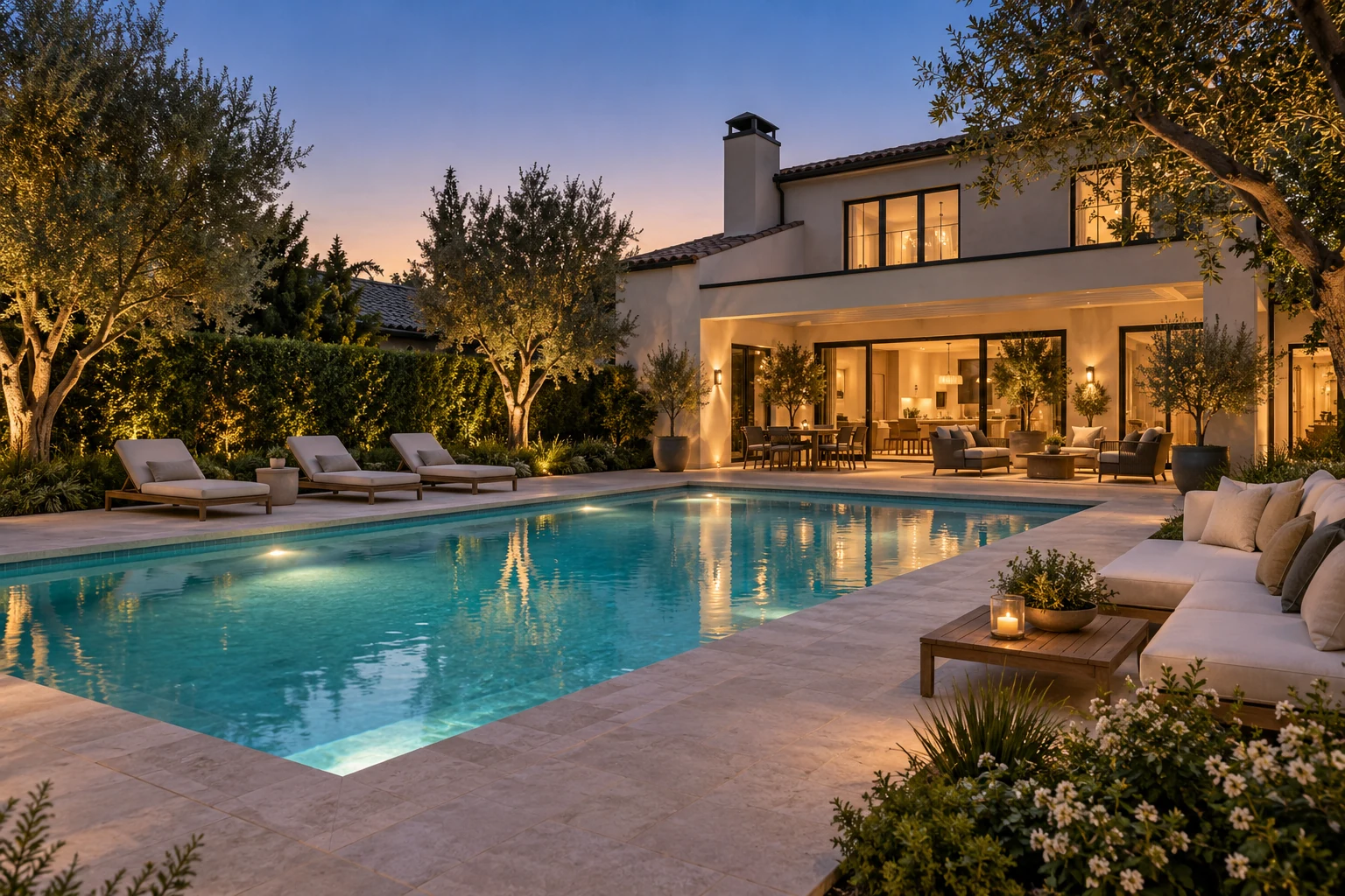 Pool and backyard design inspiration with warm evening lighting and outdoor seating