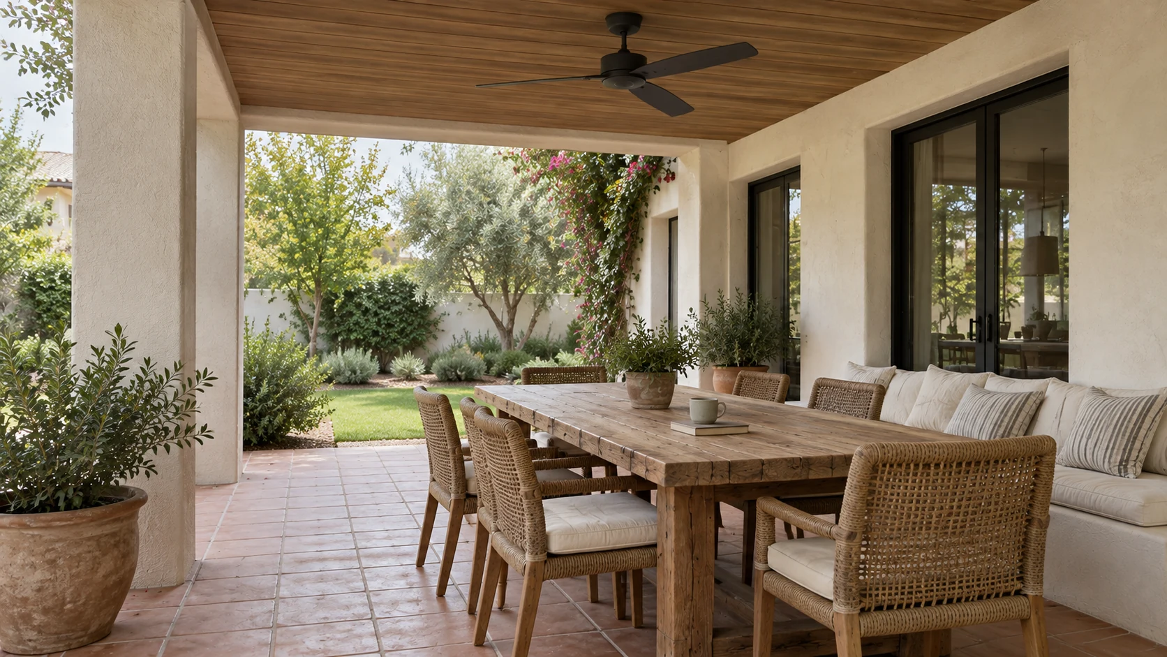 Covered patio design concept with a wood ceiling, terracotta tile, and a natural timber dining table